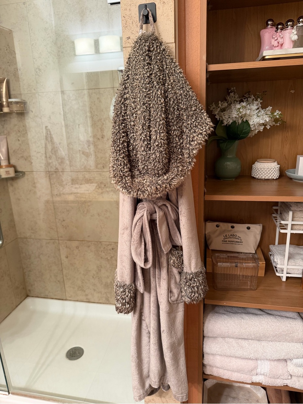 Pottery Barn Brown Hooded Bath Robe with Faux Fur Trim